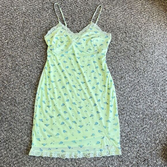 Wild Fable Coquette Fairy Mesh Green Floral Lace Trim Slip Mini Dress Y2K M New - Picture 8 of 8